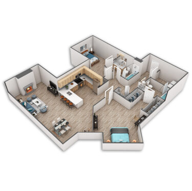 Rendering of the Royal floor plan with 2 bedroom[s] and 2 bathroom[s] at Griffis Belltown