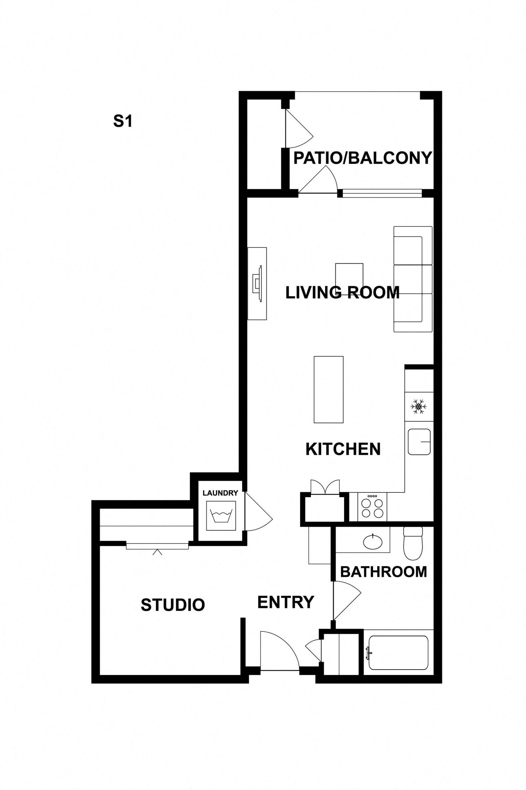 Rendering of the S1 floor plan with a Studio bedroom and 1 bathroom[s] at Griffis Platinum Triangle