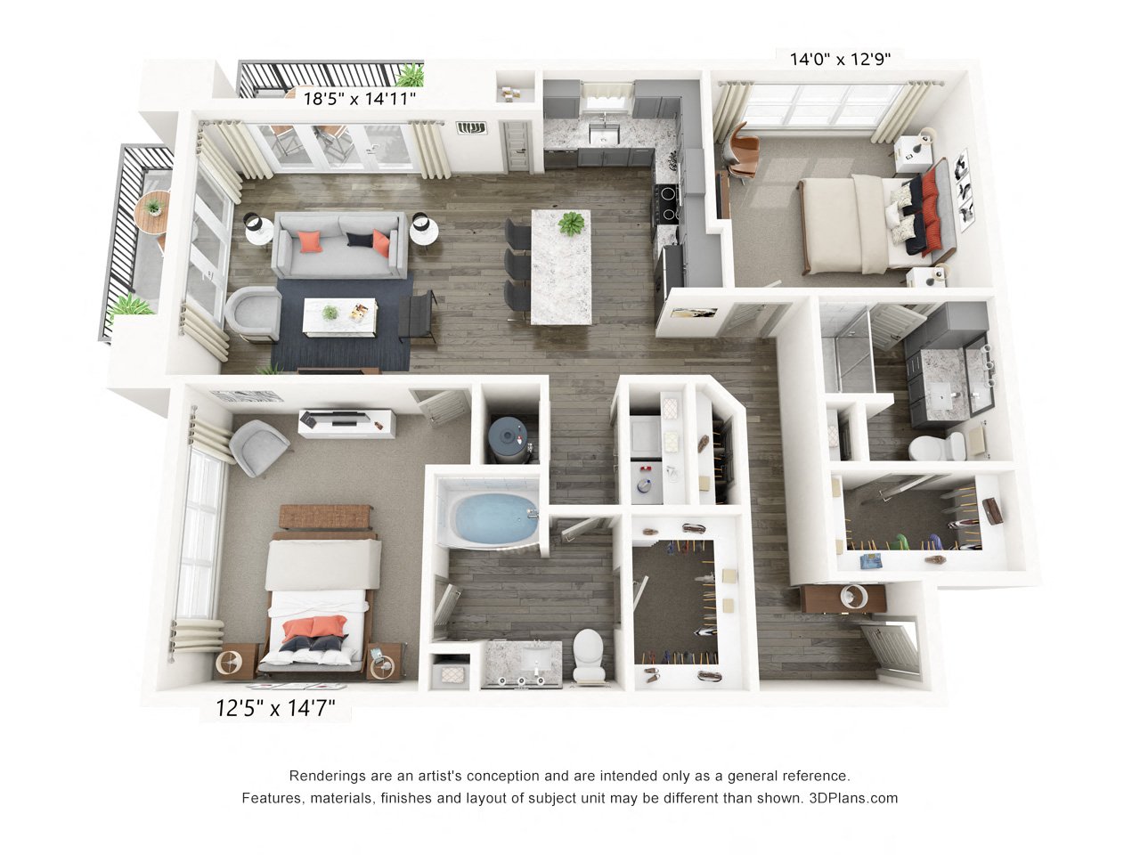 Rendering of the B4 ALT floor plan with 2 bedroom[s] and 2 bathroom[s] at Griffis Frisco