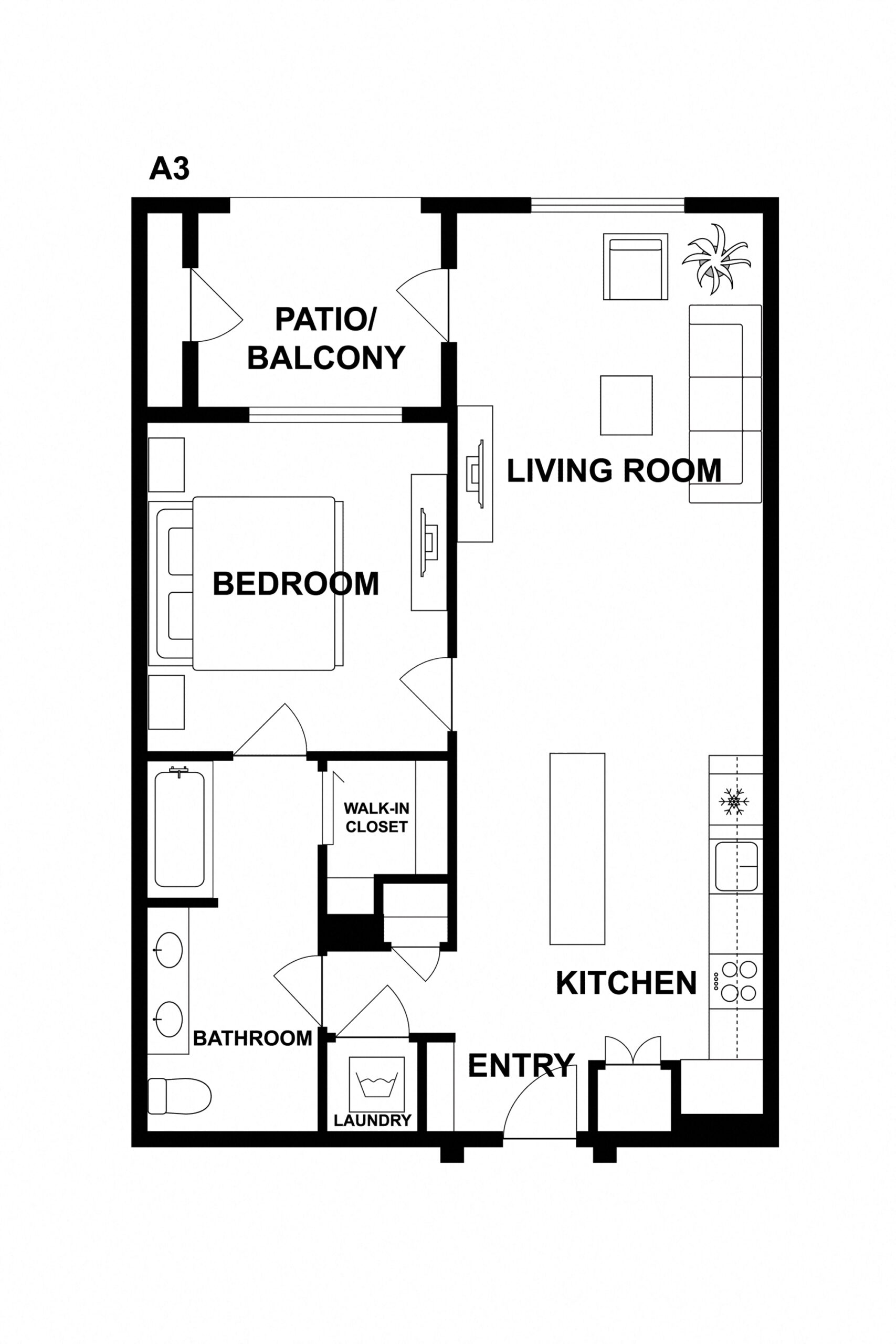 Rendering of the A3 floor plan with 1 bedroom[s] and 1 bathroom[s] at Griffis Platinum Triangle
