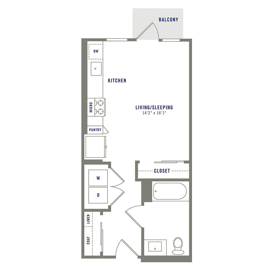 Rendering of the S2 floor plan with a Studio bedroom and 1 bathroom[s] at Griffis Shoreline