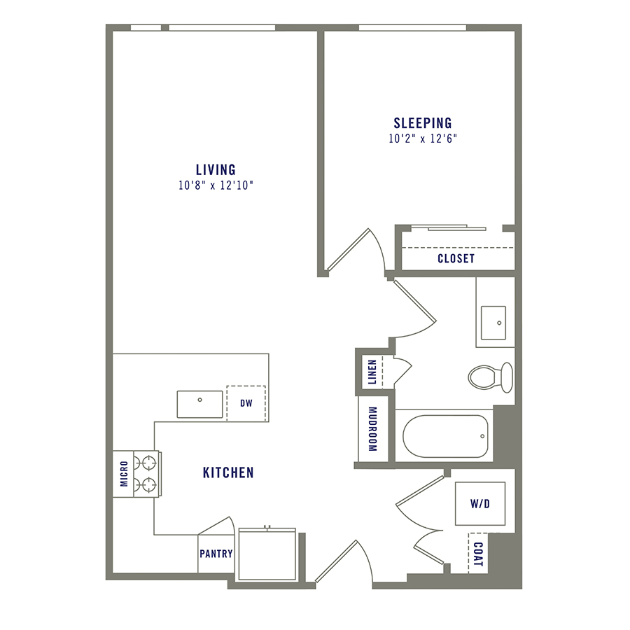 Rendering of the A4 floor plan with 1 bedroom[s] and 1 bathroom[s] at Griffis Shoreline