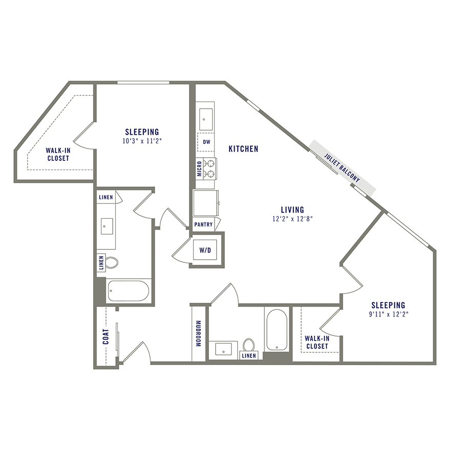 Rendering of the B5 floor plan with 2 bedroom[s] and 2 bathroom[s] at Griffis Shoreline