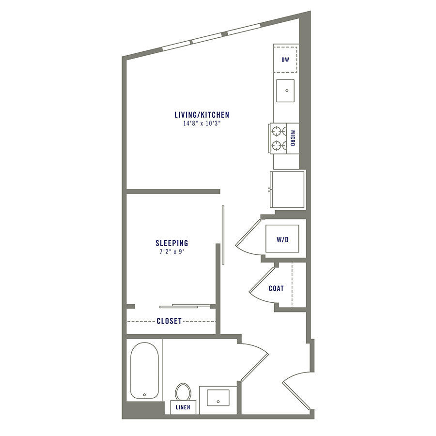 Rendering of the S3 floor plan with a Studio bedroom and 1 bathroom[s] at Griffis Shoreline
