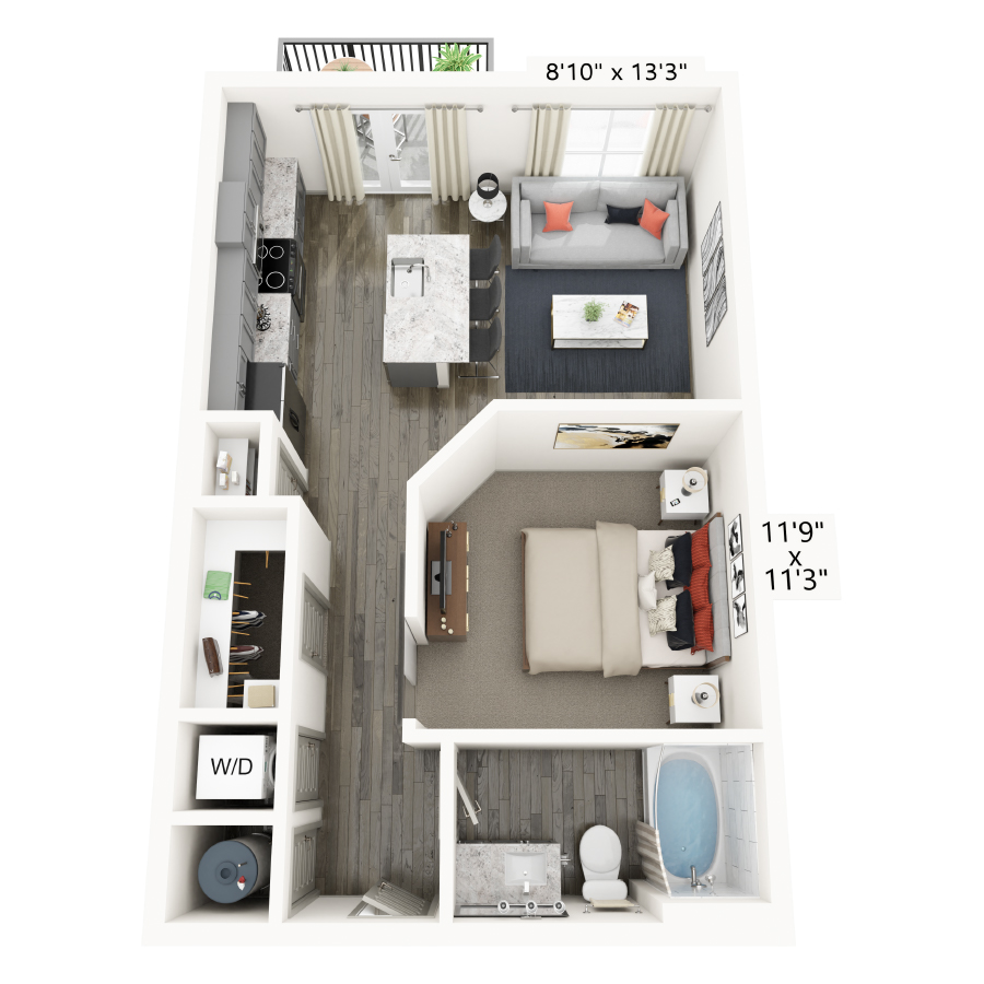 Rendering of the E1 floor plan with a Studio bedroom and 1 bathroom[s] at Griffis Frisco