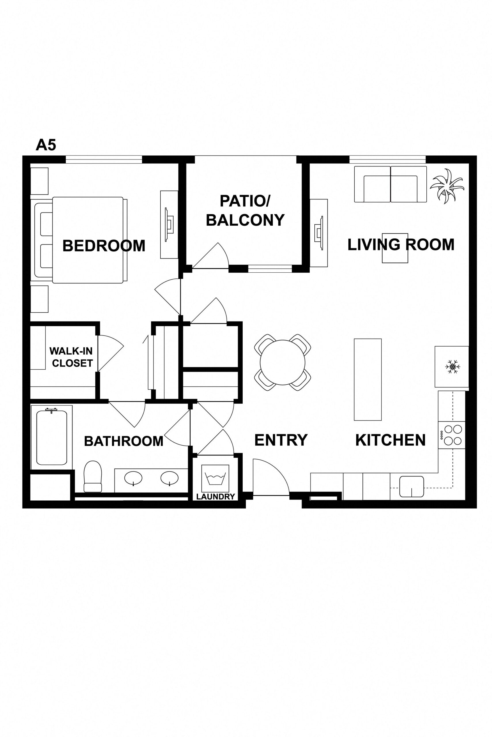 Rendering of the A5 floor plan with 1 bedroom[s] and 1 bathroom[s] at Griffis Platinum Triangle
