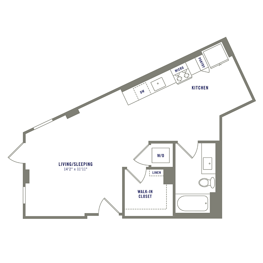 Rendering of the S8 floor plan with a Studio bedroom and 1 bathroom[s] at Griffis Shoreline