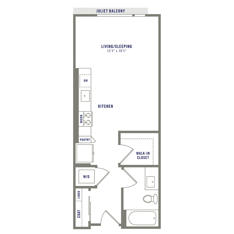 Rendering of the S4 floor plan with a Studio bedroom and 1 bathroom[s] at Griffis Shoreline