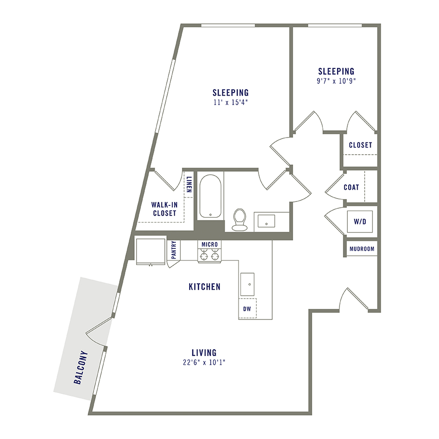 Rendering of the B3 floor plan with 2 bedroom[s] and 2 bathroom[s] at Griffis Shoreline