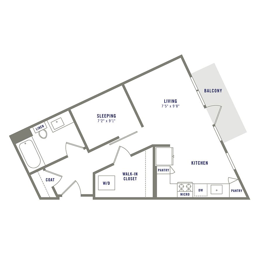 Rendering of the S7 floor plan with a Studio bedroom and 1 bathroom[s] at Griffis Shoreline