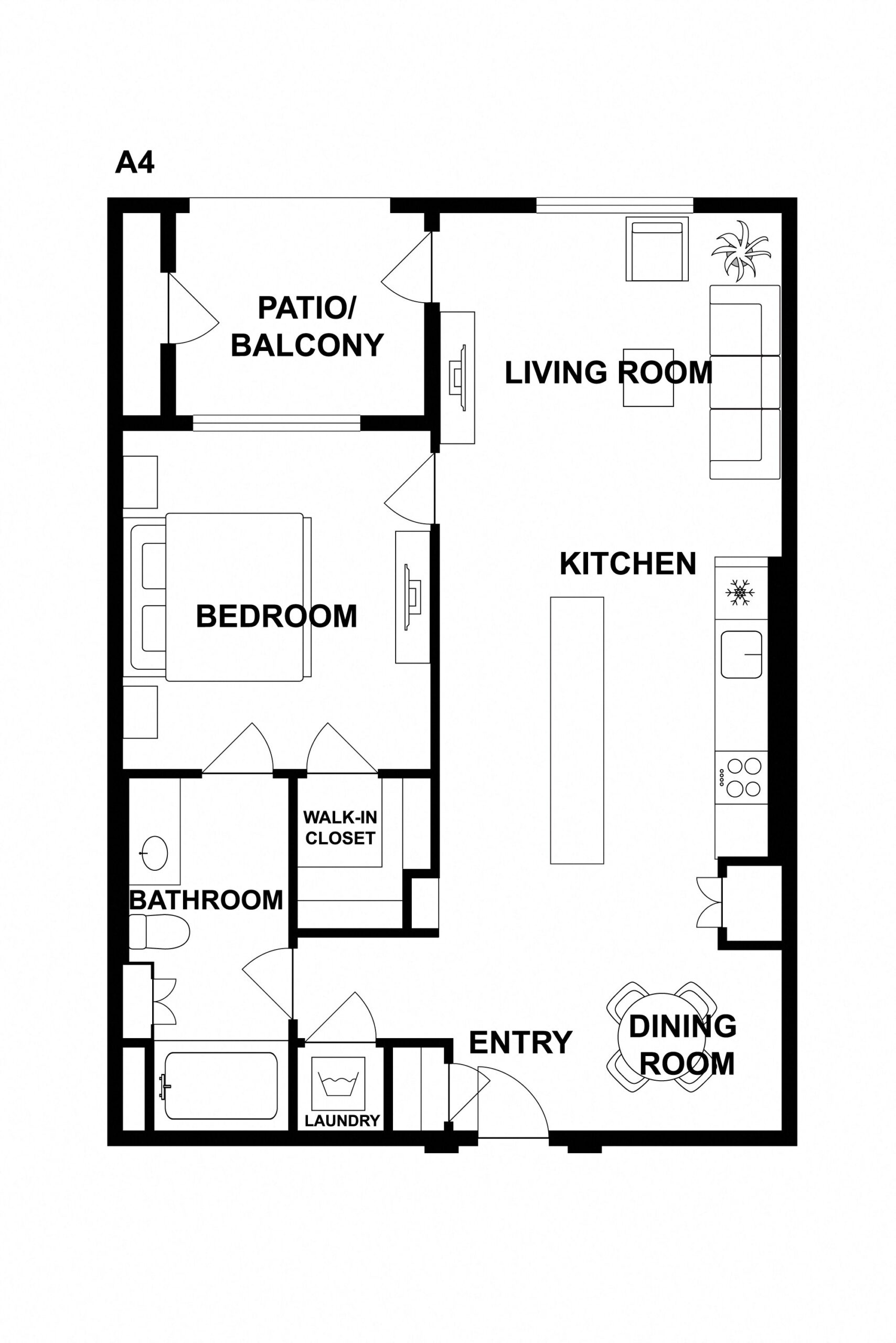 Rendering of the A4 floor plan with 1 bedroom[s] and 1 bathroom[s] at Griffis Platinum Triangle