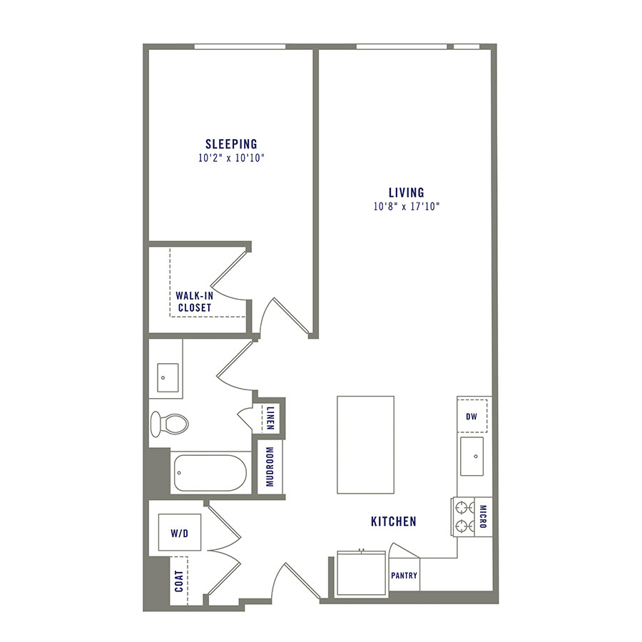 Rendering of the A8 floor plan with 1 bedroom[s] and 1 bathroom[s] at Griffis Shoreline