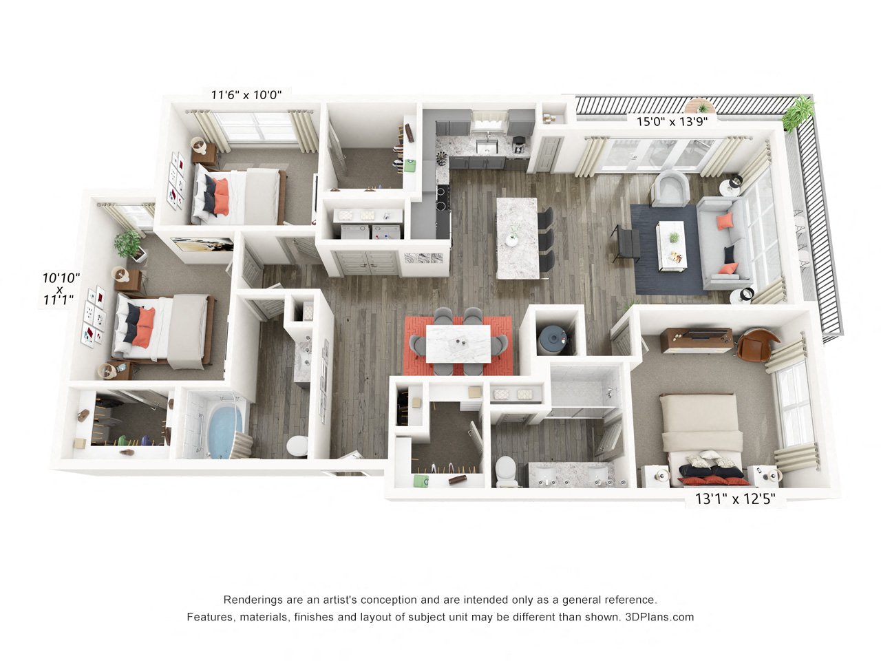 Rendering of the C1 HC floor plan with 3 bedroom[s] and 2 bathroom[s] at Griffis Frisco