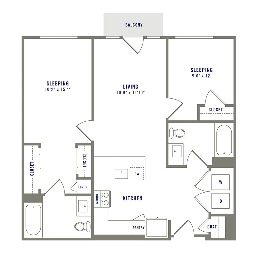 Rendering of the B2 floor plan with 2 bedroom[s] and 2 bathroom[s] at Griffis Shoreline