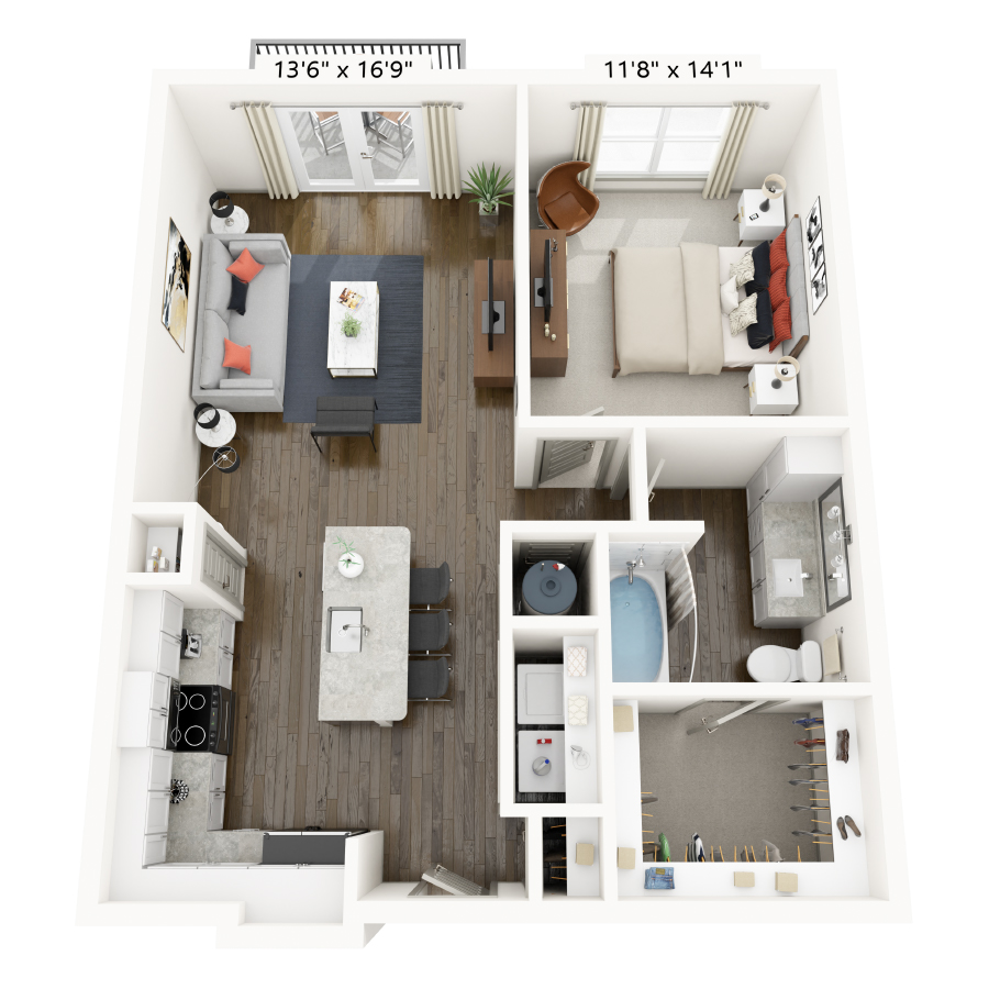 Rendering of the A4 floor plan with 1 bedroom[s] and 1 bathroom[s] at Griffis Frisco