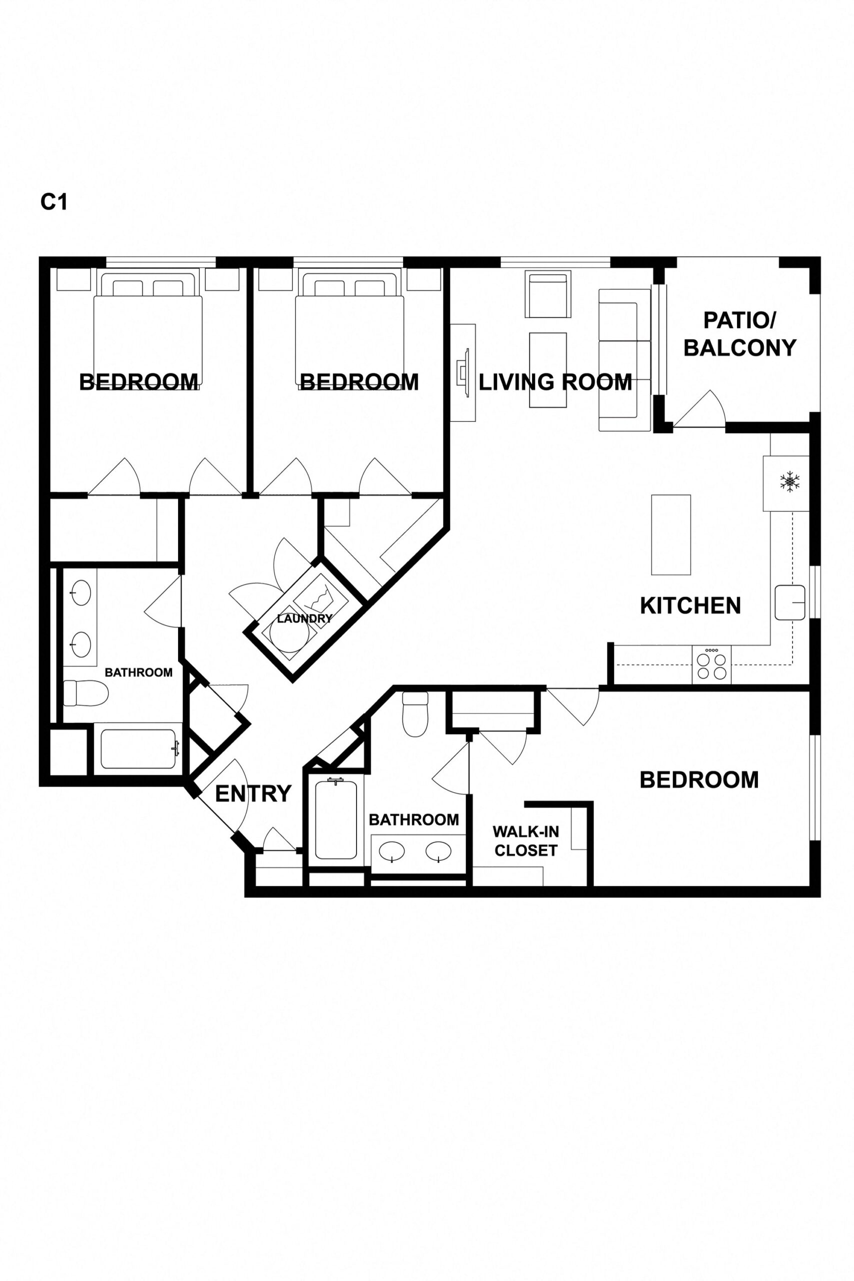 Rendering of the C1 floor plan with 3 bedroom[s] and 2 bathroom[s] at Griffis Platinum Triangle