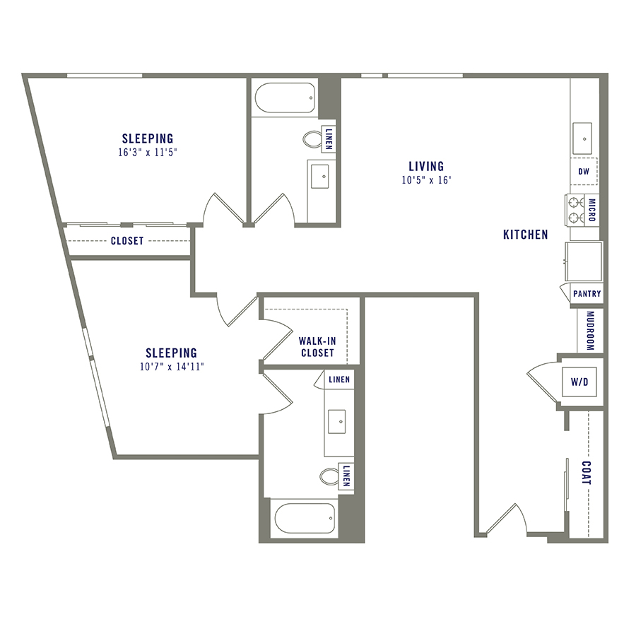 Rendering of the B6 floor plan with 2 bedroom[s] and 2 bathroom[s] at Griffis Shoreline