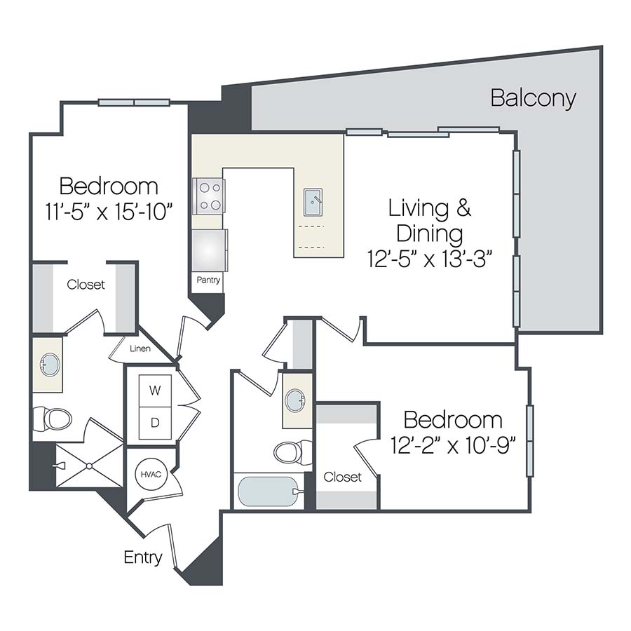Rendering of the Satellite floor plan with 2 bedroom[s] and 2 bathroom[s] at Griffis West Palm