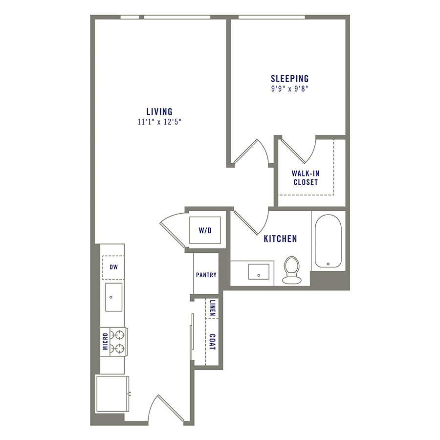 Rendering of the A2 floor plan with 1 bedroom[s] and 1 bathroom[s] at Griffis Shoreline