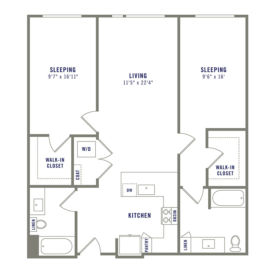 Rendering of the B7 floor plan with 2 bedroom[s] and 2 bathroom[s] at Griffis Shoreline