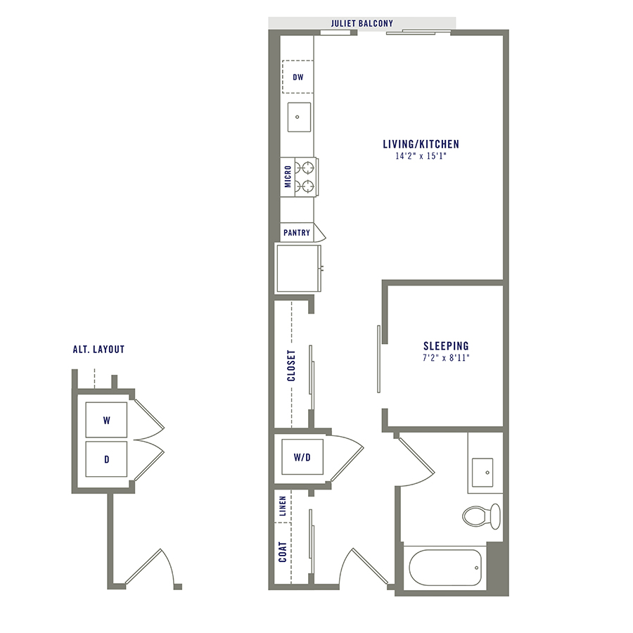 Rendering of the S5 floor plan with a Studio bedroom and 1 bathroom[s] at Griffis Shoreline