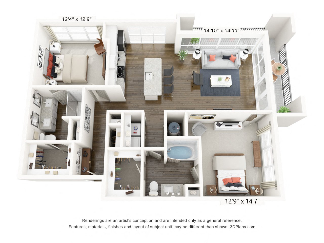 Rendering of the B4 LL floor plan with 2 bedroom[s] and 2 bathroom[s] at Griffis Frisco