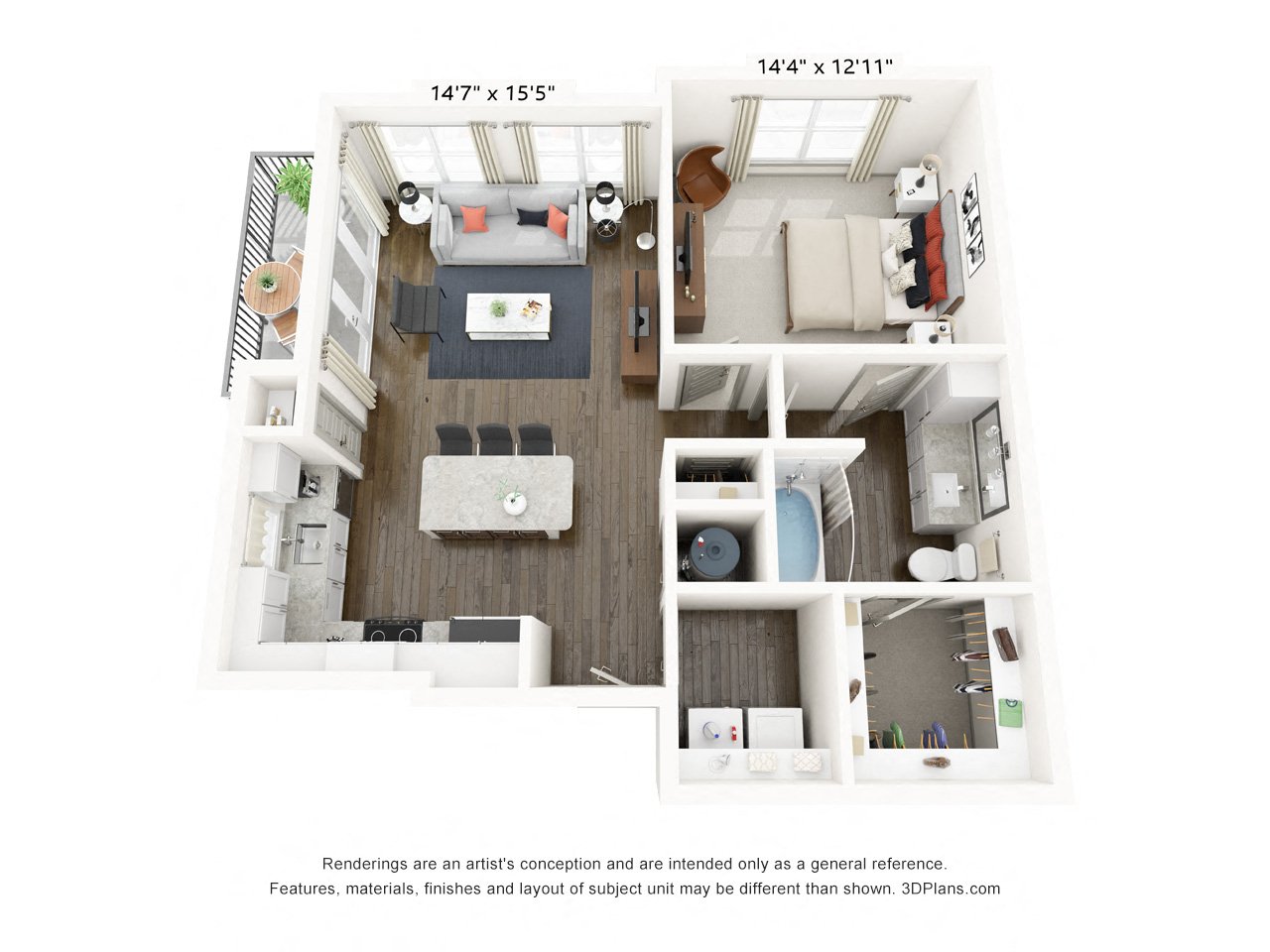 Rendering of the A6 floor plan with 1 bedroom[s] and 1 bathroom[s] at Griffis Frisco