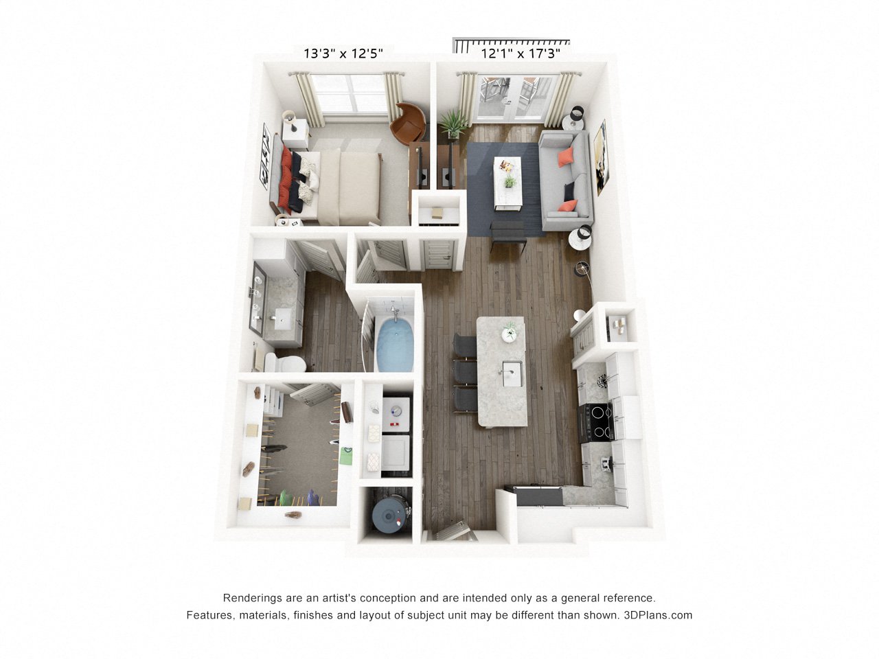 Rendering of the A3 floor plan with 1 bedroom[s] and 1 bathroom[s] at Griffis Frisco