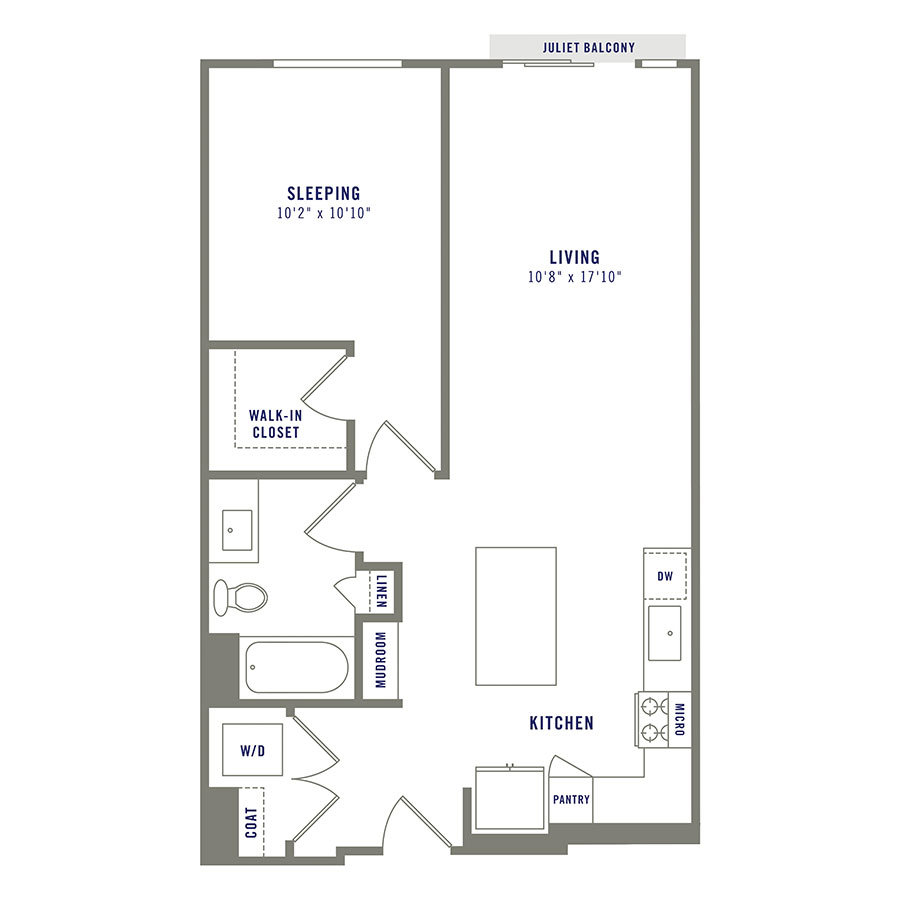 Rendering of the A7 floor plan with 1 bedroom[s] and 1 bathroom[s] at Griffis Shoreline