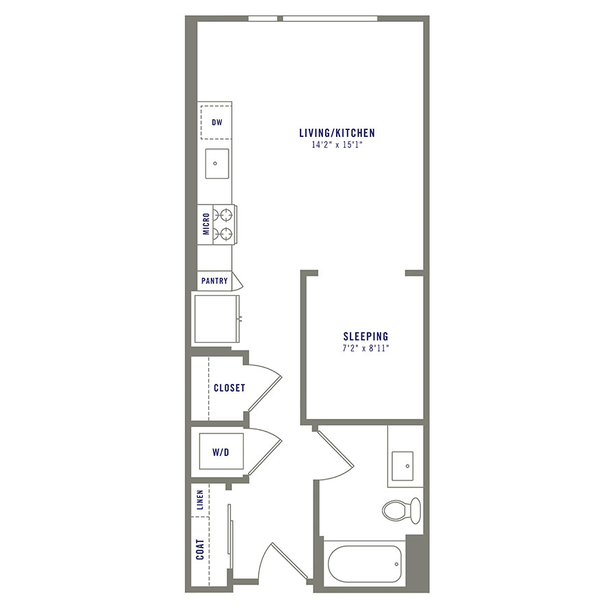 Rendering of the S6 floor plan with a Studio bedroom and 1 bathroom[s] at Griffis Shoreline