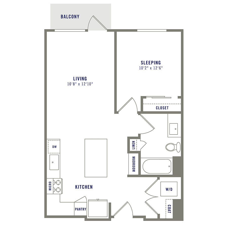 Rendering of the A5 floor plan with 1 bedroom[s] and 1 bathroom[s] at Griffis Shoreline