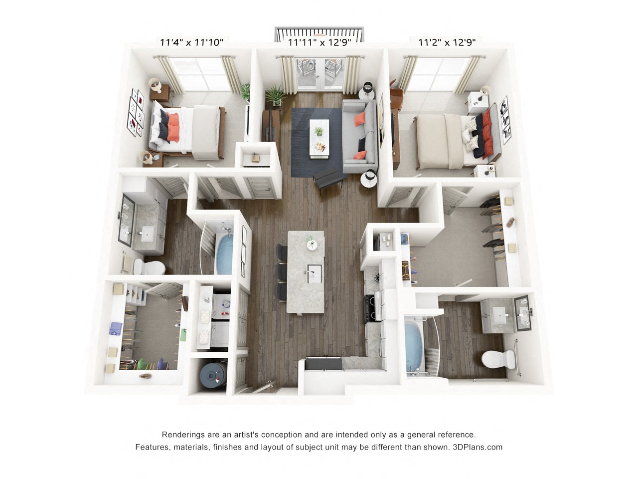 Rendering of the B1 HC floor plan with 2 bedroom[s] and 2 bathroom[s] at Griffis Frisco
