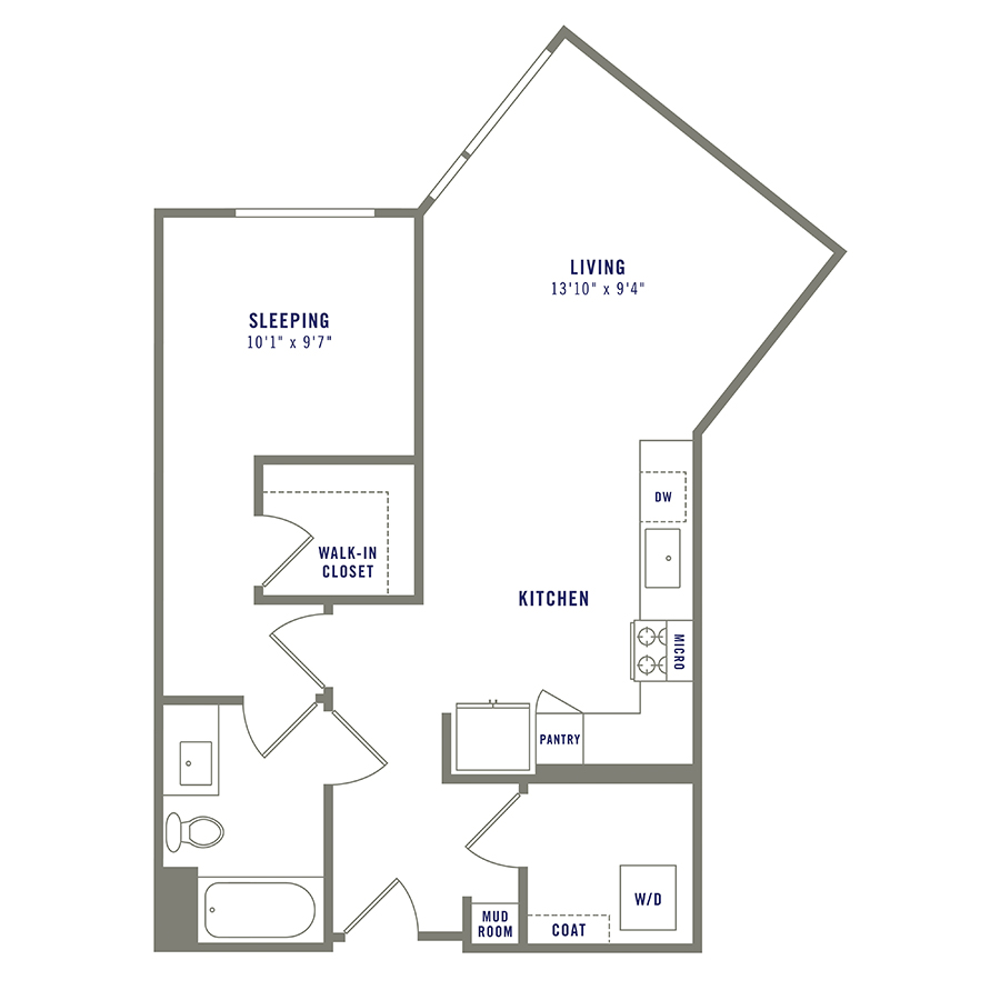 Rendering of the A6 floor plan with 1 bedroom[s] and 1 bathroom[s] at Griffis Shoreline