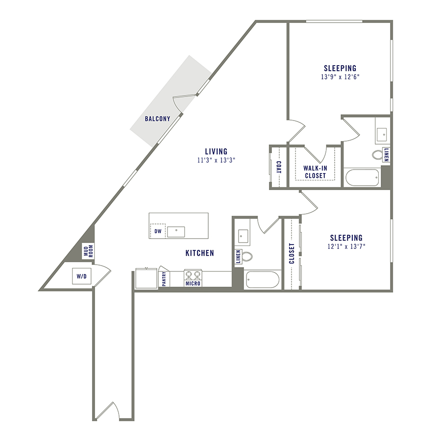 Rendering of the B11 floor plan with 2 bedroom[s] and 2 bathroom[s] at Griffis Shoreline