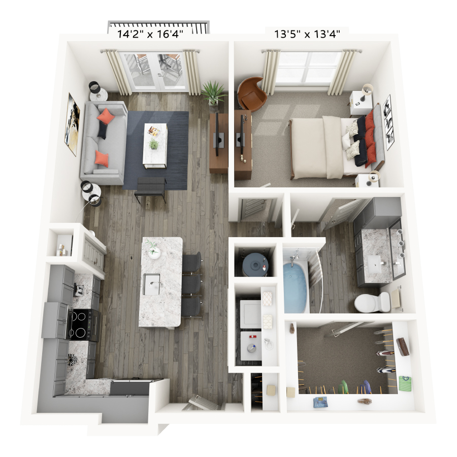 Rendering of the A5 floor plan with 1 bedroom[s] and 1 bathroom[s] at Griffis Frisco