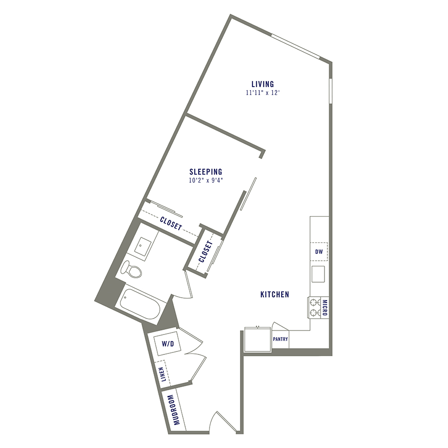 Rendering of the S9 floor plan with a Studio bedroom and 1 bathroom[s] at Griffis Shoreline