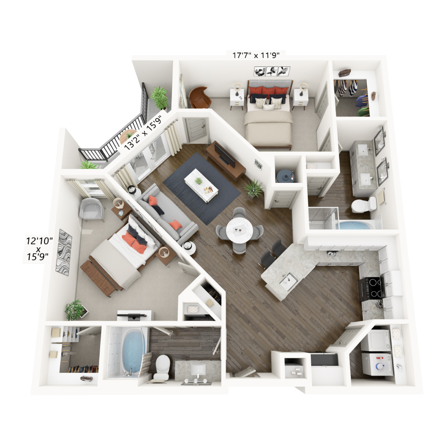 Rendering of the B3 floor plan with 2 bedroom[s] and 2 bathroom[s] at Griffis Frisco
