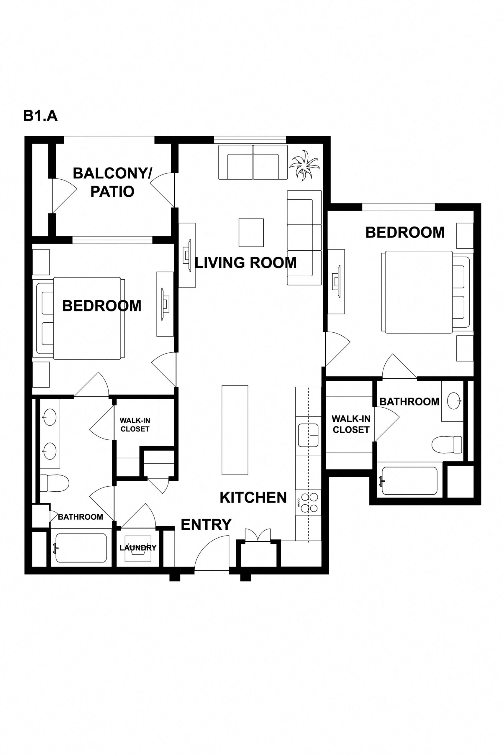 Rendering of the B1.A floor plan with 2 bedroom[s] and 2 bathroom[s] at Griffis Platinum Triangle