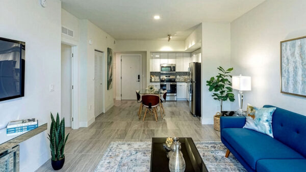 Griffis Pompano Beach apartment living room and kitchen.