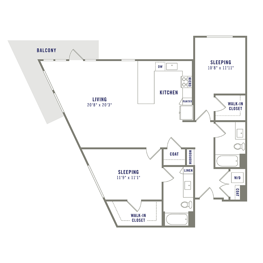 Rendering of the B10 floor plan with 2 bedroom[s] and 2 bathroom[s] at Griffis Shoreline