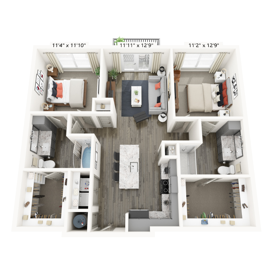 Rendering of the B1 floor plan with 2 bedroom[s] and 2 bathroom[s] at Griffis Frisco