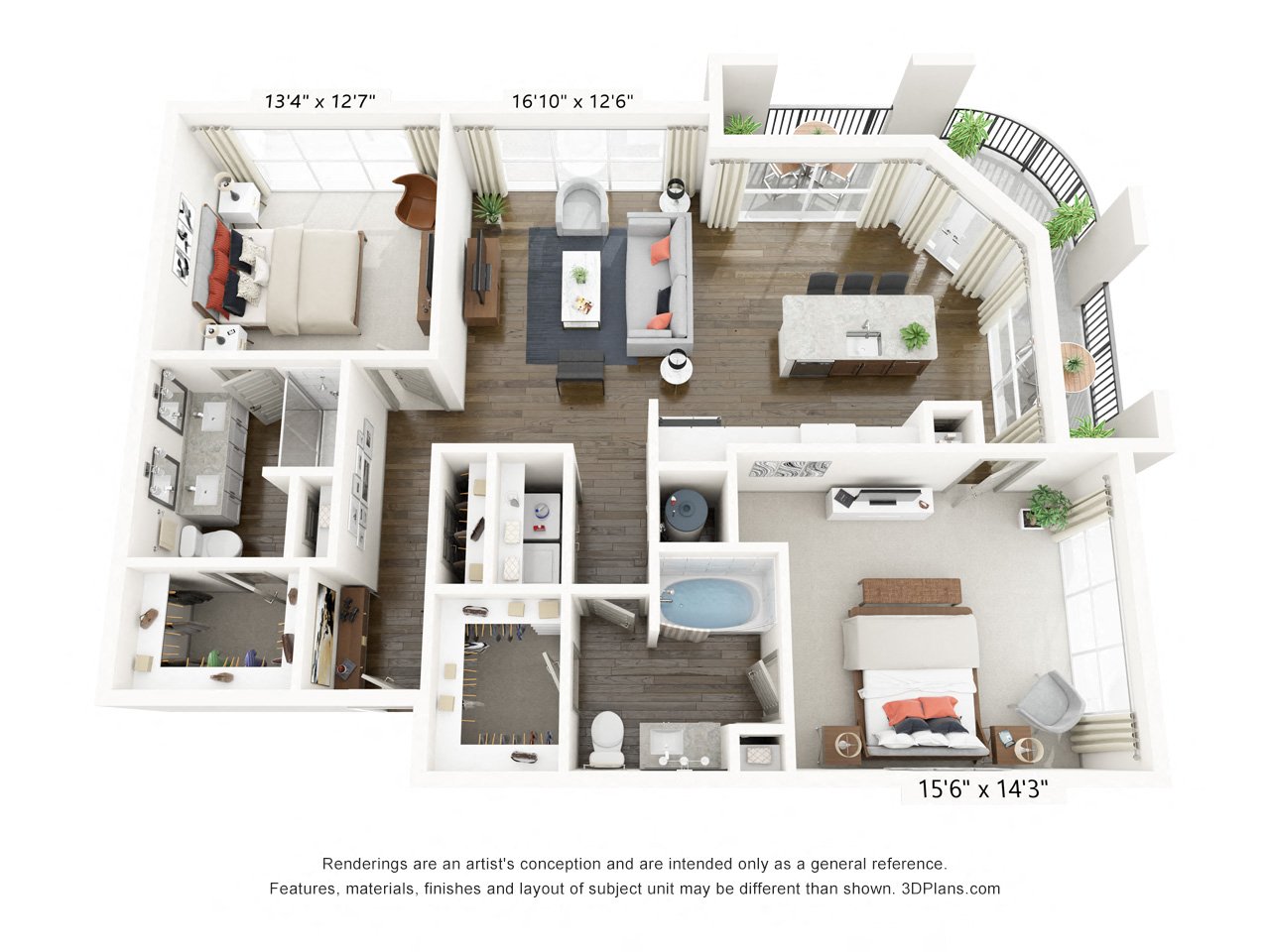 Rendering of the B4 Tower floor plan with 2 bedroom[s] and 2 bathroom[s] at Griffis Frisco