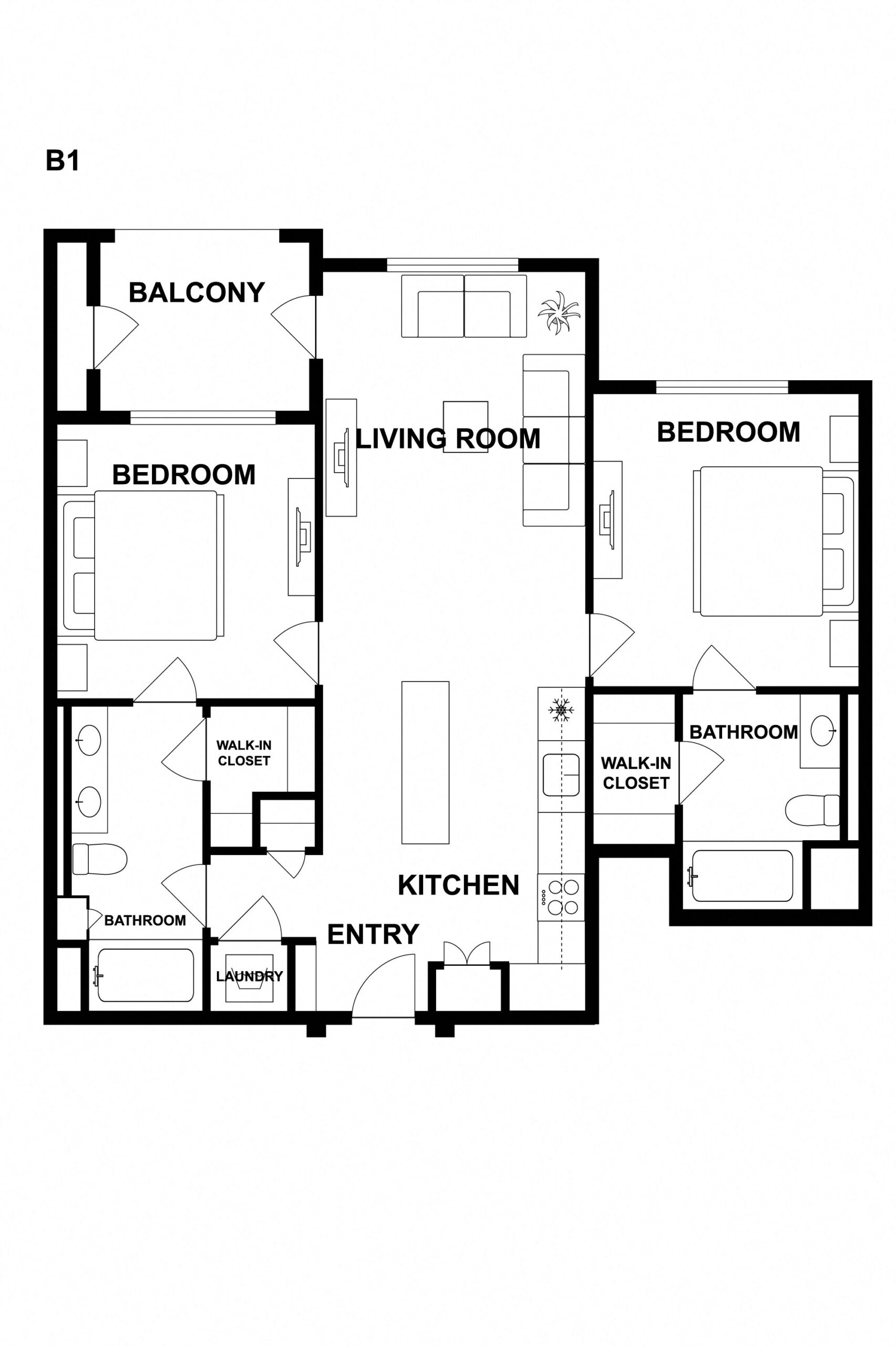 Rendering of the B1 floor plan with 2 bedroom[s] and 2 bathroom[s] at Griffis Platinum Triangle