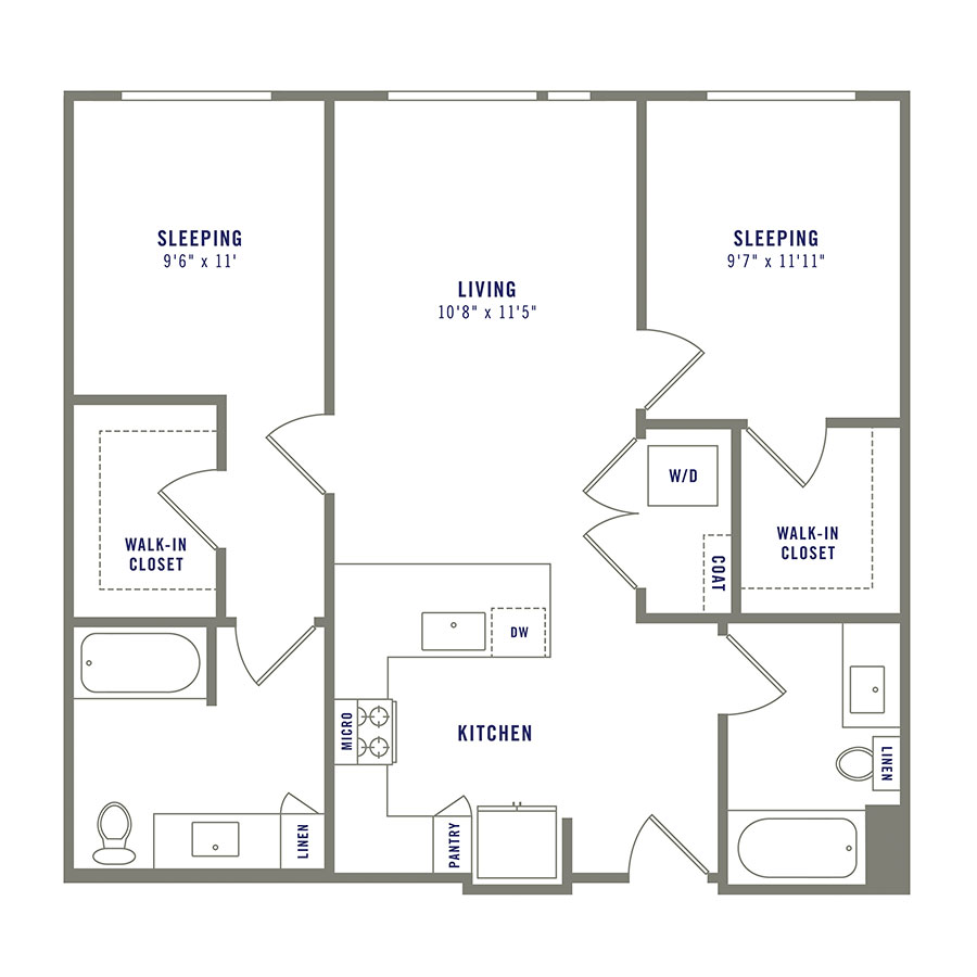 Rendering of the B1 floor plan with 2 bedroom[s] and 2 bathroom[s] at Griffis Shoreline