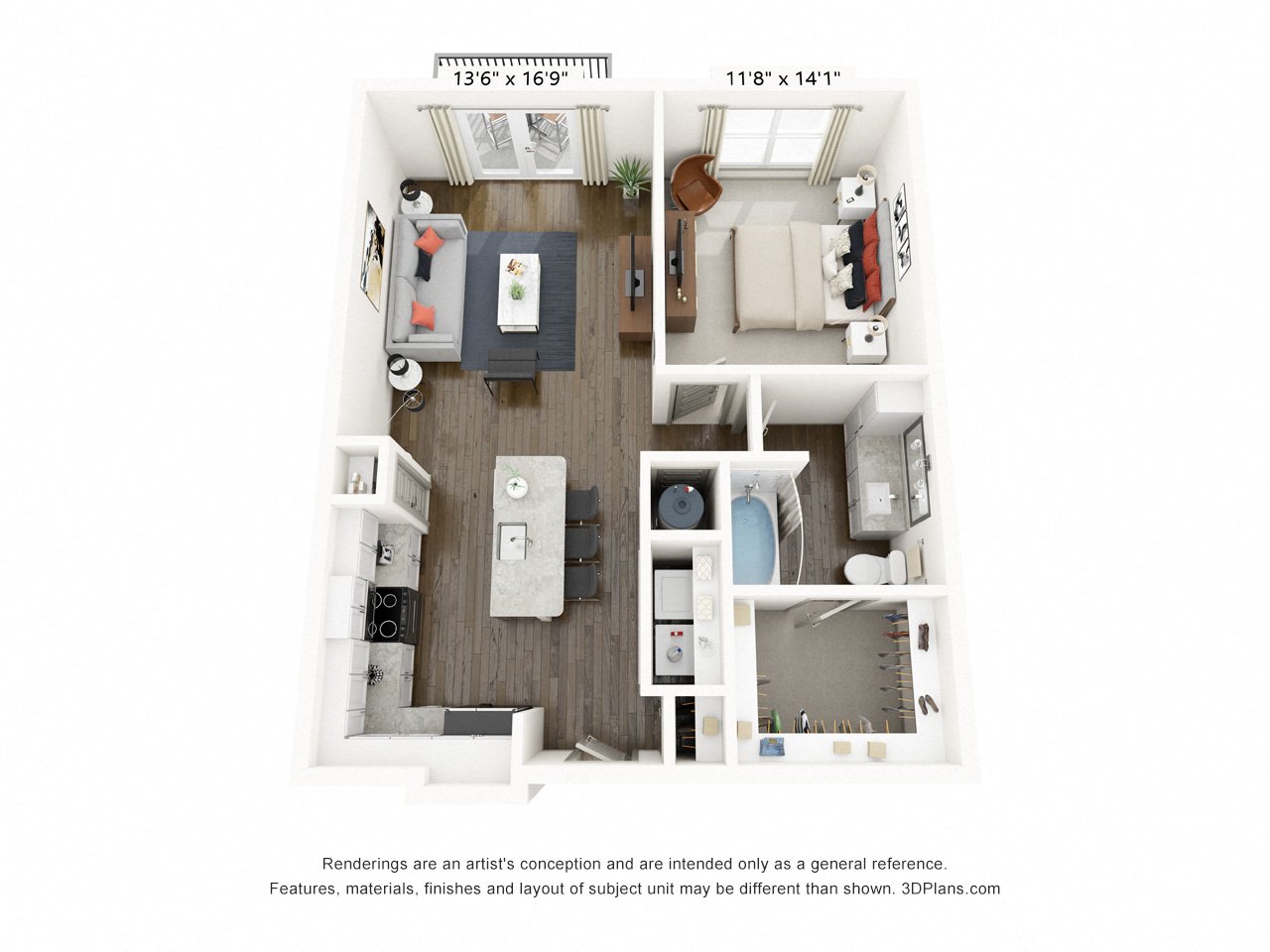 Rendering of the A4 floor plan with 1 bedroom[s] and 1 bathroom[s] at Griffis Frisco