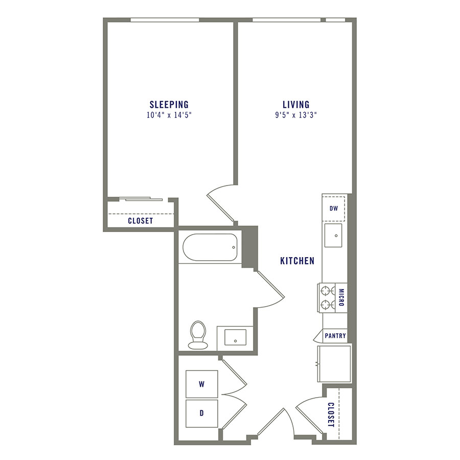 Rendering of the A1 floor plan with 1 bedroom[s] and 1 bathroom[s] at Griffis Shoreline