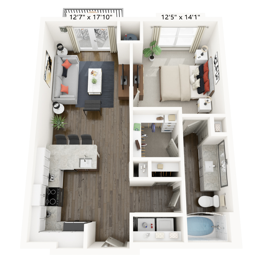 Rendering of the A2 floor plan with 1 bedroom[s] and 1 bathroom[s] at Griffis Frisco