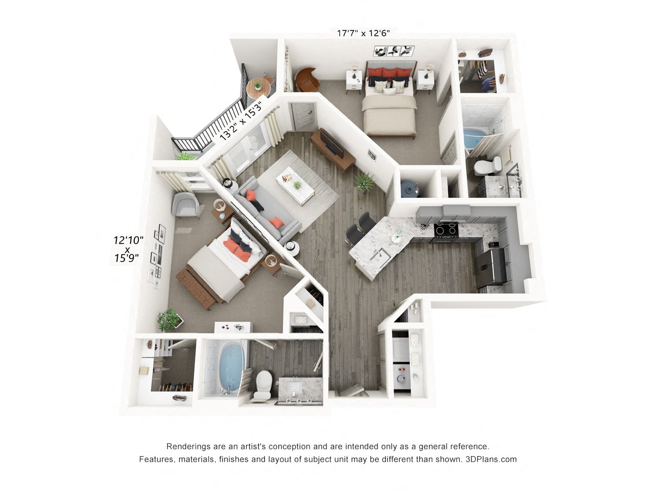 Rendering of the B5 floor plan with 2 bedroom[s] and 2 bathroom[s] at Griffis Frisco