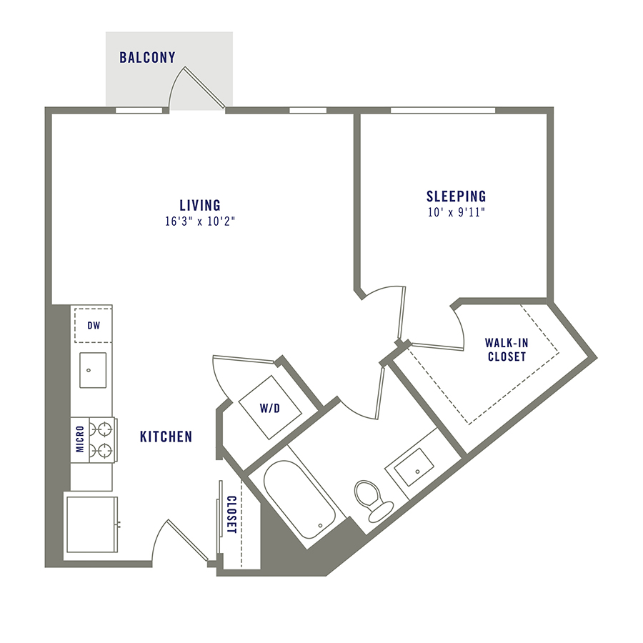 Rendering of the A3 floor plan with 1 bedroom[s] and 1 bathroom[s] at Griffis Shoreline