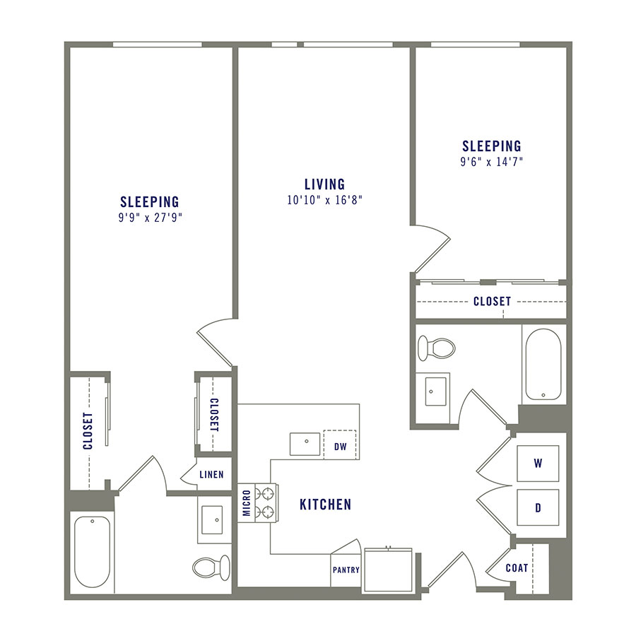 Rendering of the B8 floor plan with 2 bedroom[s] and 2 bathroom[s] at Griffis Shoreline